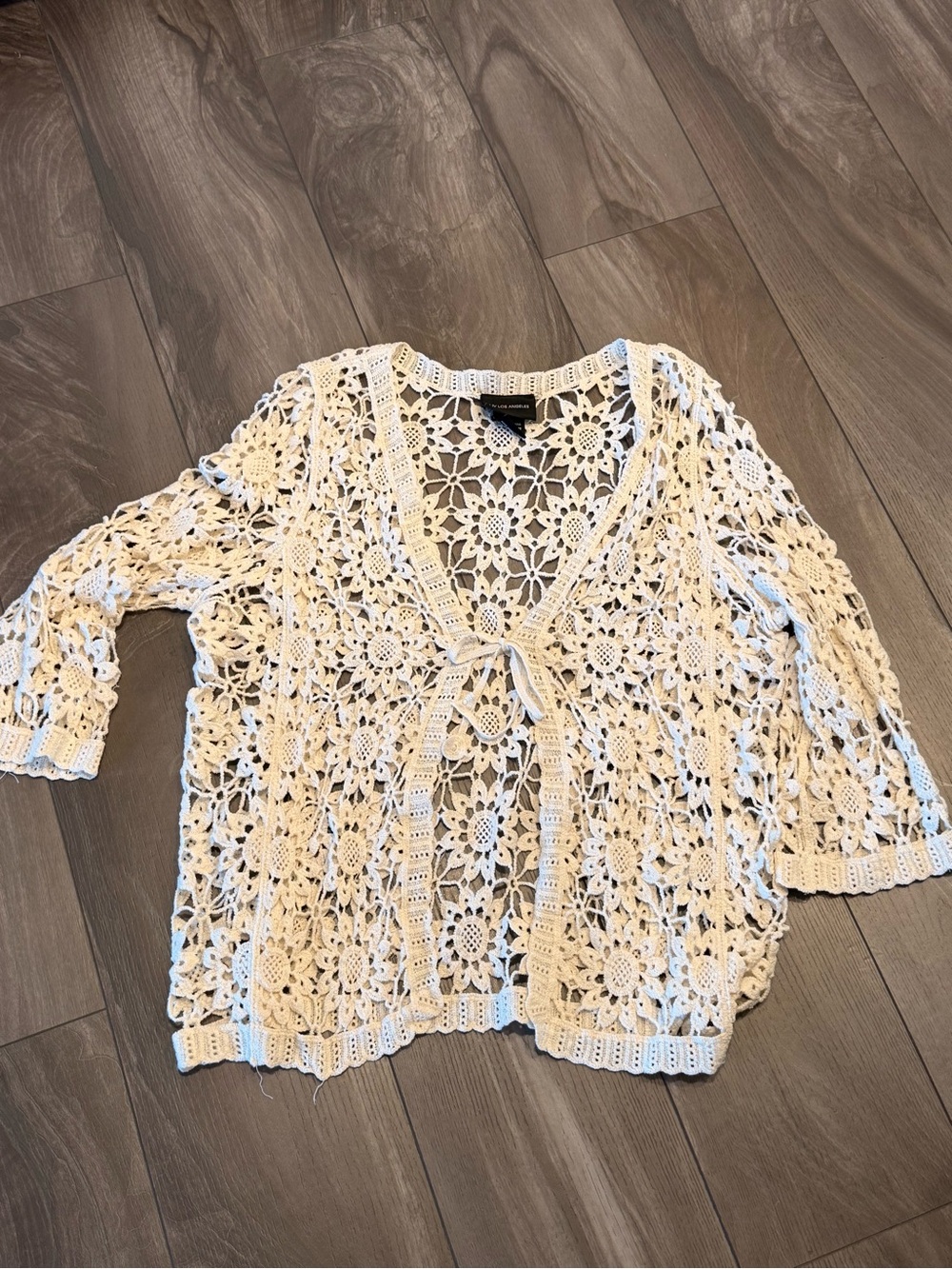 Crochet Tie-Front Cardigan Sweater Top - Cream